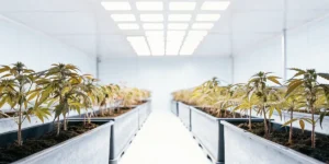 Wide-angle shot of a clean, brightly lit indoor cannabis farm with two rows of plants in gray planters.