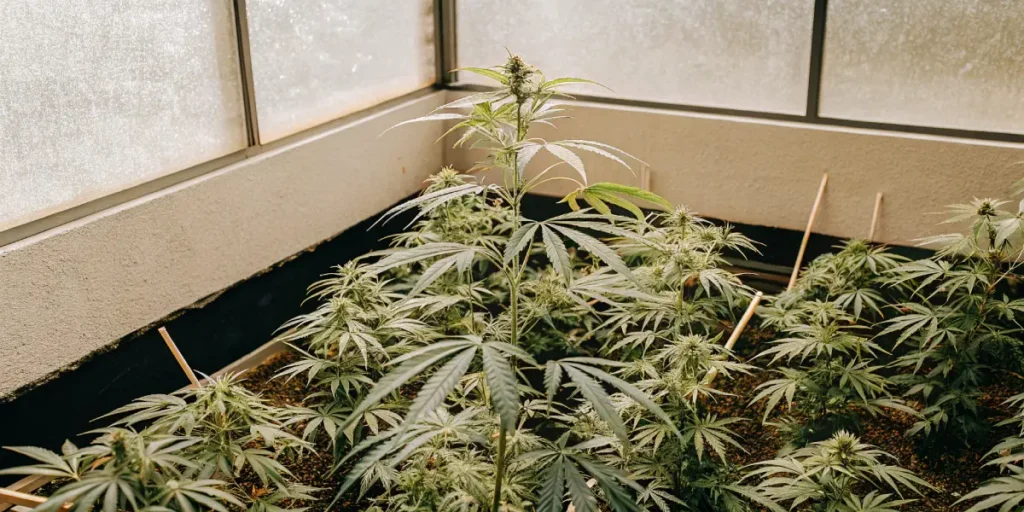 Overhead view of an indoor cannabis garden with various sized plants, some with support stakes.