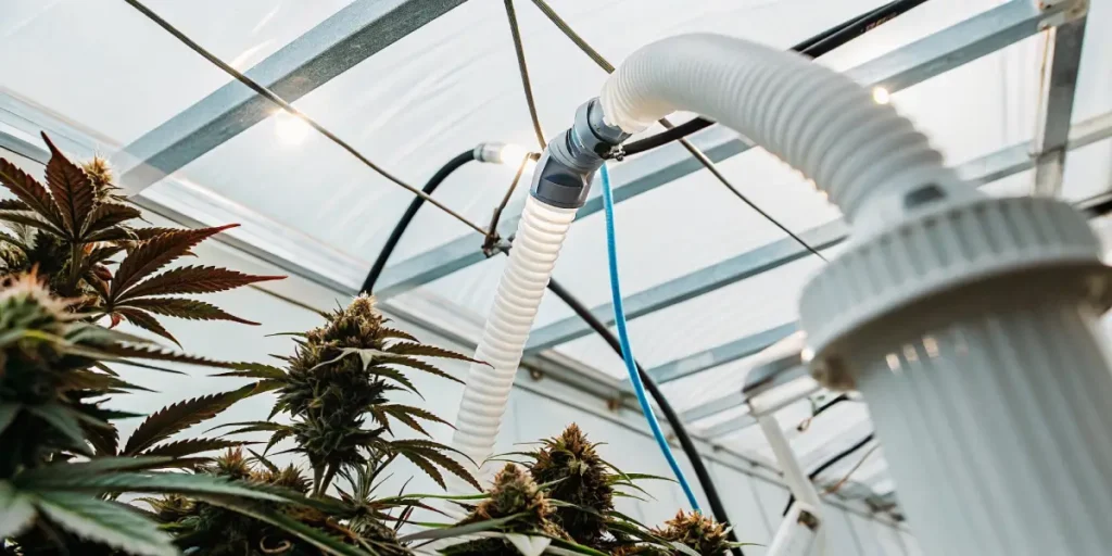 Close-up of mature cannabis plants under bright lights, with a flexible white ventilation duct in a greenhouse.