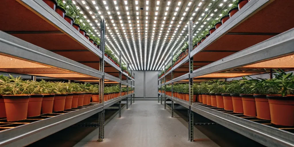 Wide-angle view of a laboratory with tall racks of potted green plants under bright LED lights.