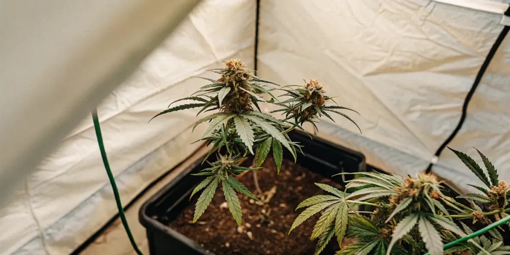 Top-down view of a potted cannabis plant with buds in an indoor grow tent.