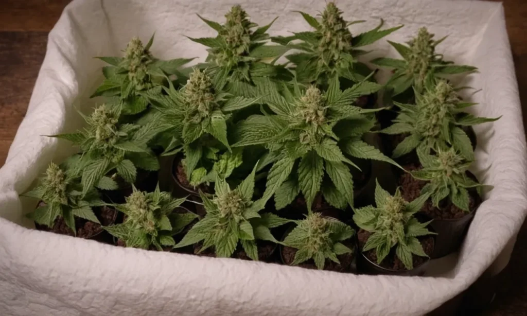 Indoor cultivation of compact Chocolate Mint Regular cannabis plants in early flowering stage.