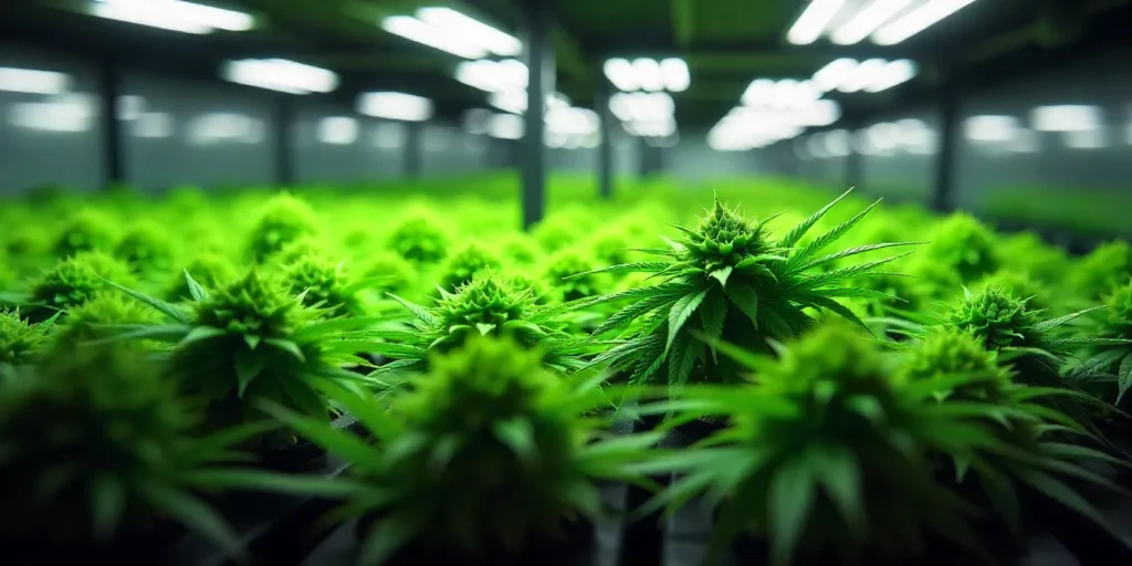 Indoor grow Cream Auto plants under LED lighting in flowering phase.