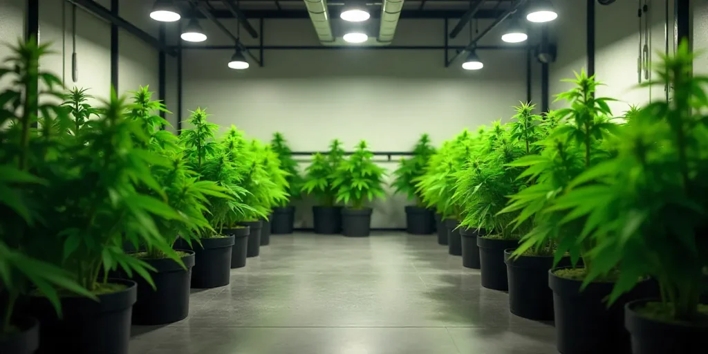 Indoor grow room filled with potted Cheese cannabis plants with controlled lighting and ventilation.