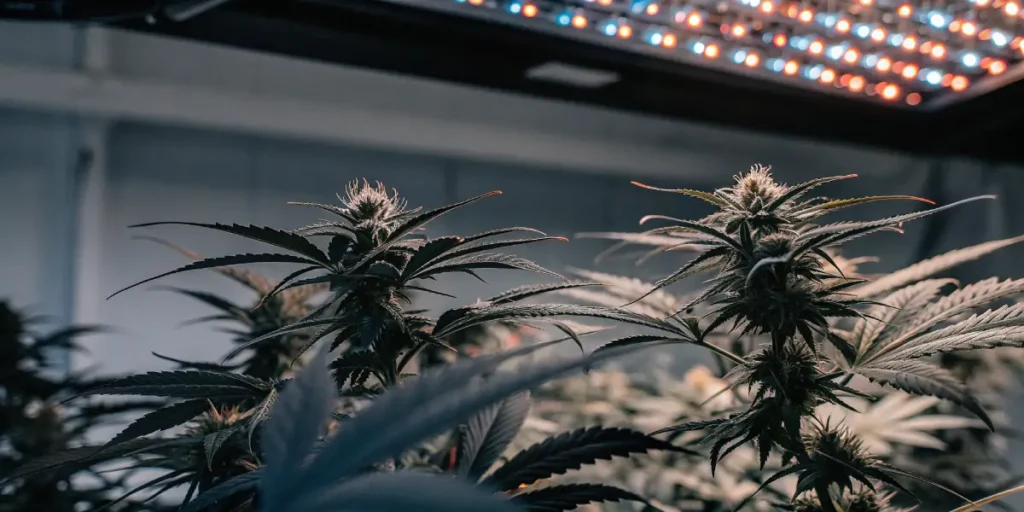 Cannabis plants with prominent buds under colorful LED grow lights.