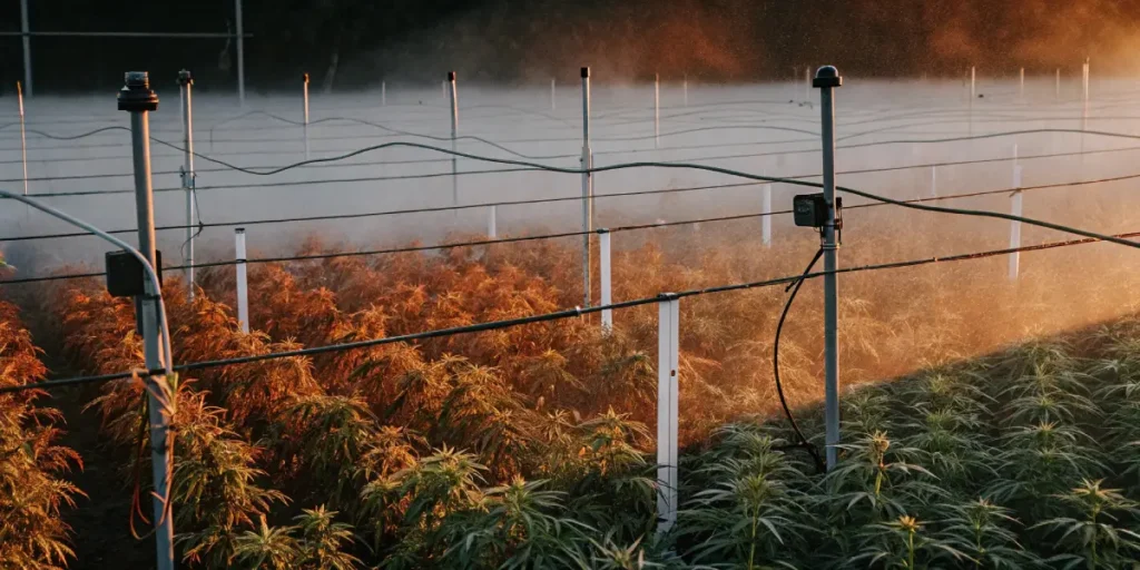 Overhead view of an outdoor cannabis field under mist, with green and reddish plants and irrigation lines.