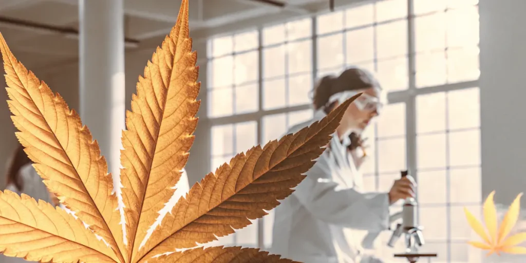 A laboratory scene with a large golden-hued cannabis leaf in the foreground, and a blurred researcher wearing a lab coat and goggles, examining a plant with a microscope in the background.