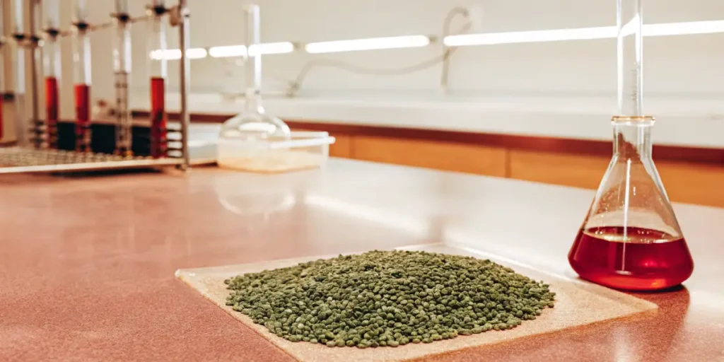 High-resolution image capturing a pile of green cannabis seeds on a lab bench with beakers of red liquid, indicating lab analysis.