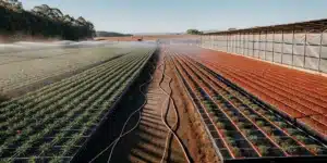 Sunlit outdoor cannabis farm with two distinct cultivation areas: green plants under irrigation and red-covered beds, near a large greenhouse.