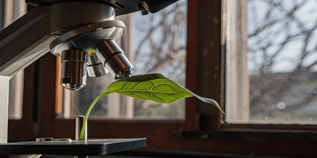 Close-up of a vibrant green leaf positioned under the lens of a microscope, with a blurred window in the background.