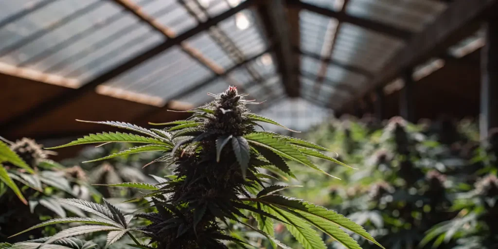 Close-up of a lush cannabis plant with dense buds and prominent leaves, backlit by bright, sunlit greenhouse roof panels.