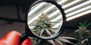 Close-up of a dense, resinous cannabis bud, magnified through a magnifying glass, under bright indoor lights.