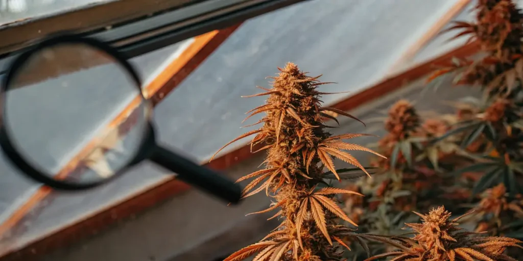 Close-up of a magnifying glass inspecting a mature cannabis plant with reddish buds in a greenhouse.