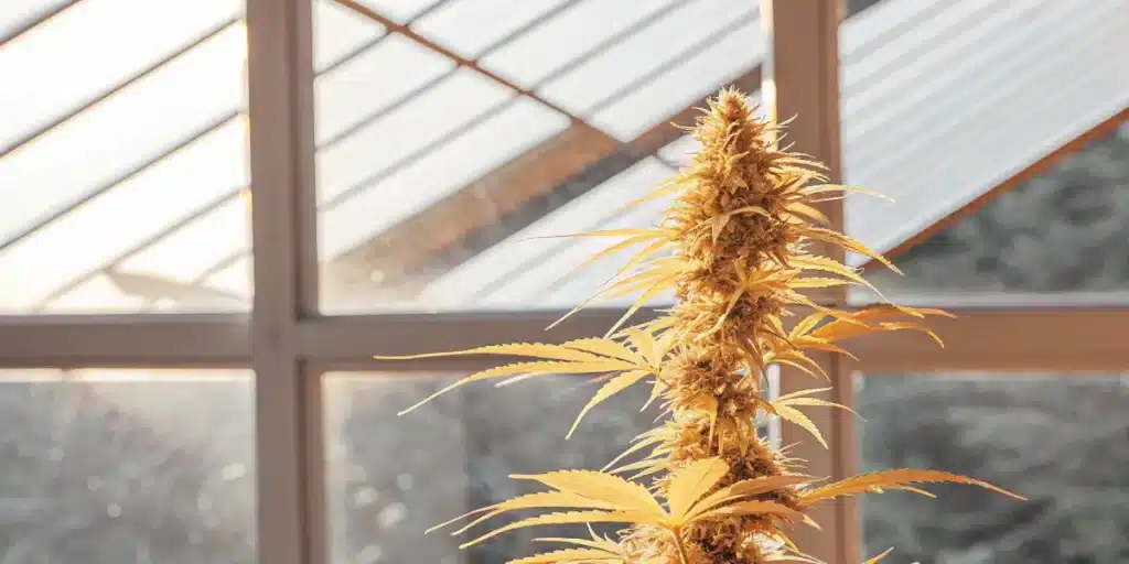 Close-up of a marijuana plant with a golden-hued bud and leaves, backlit by sunlight filtering through a serene greenhouse roof.