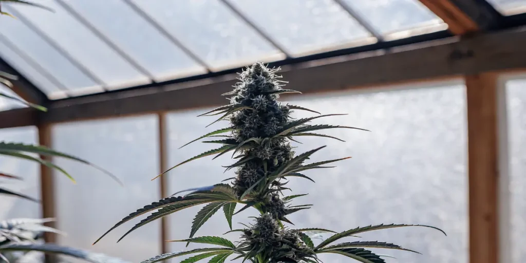 Close-up of a marijuana plant with a dense bud and dark leaves, backlit by a sunlit greenhouse roof.