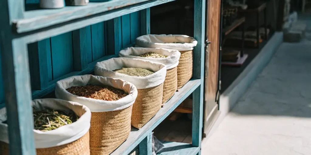 High-angle shot: blue wooden shelf filled with straw baskets containing various dried goods, by an entrance.