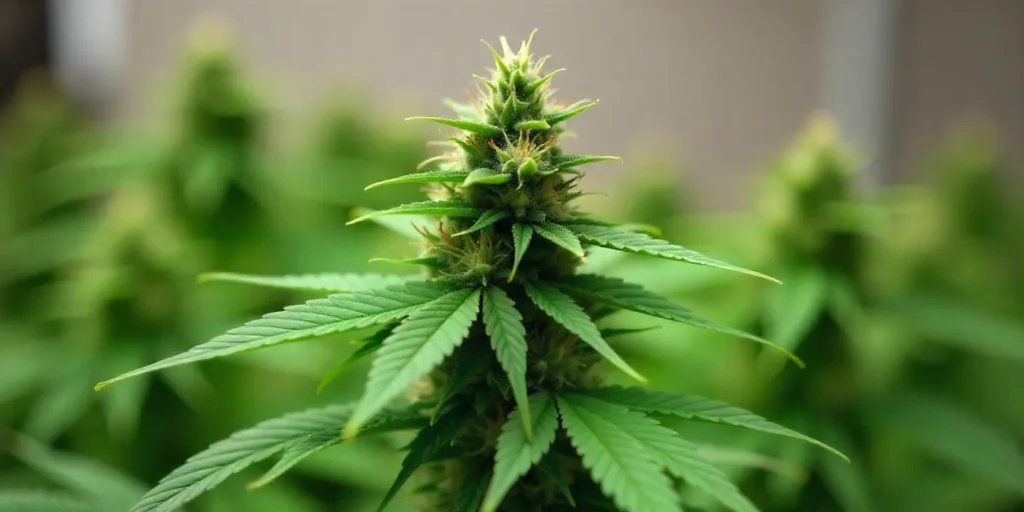 Mature bud of Cinderella 99 x Amnesia Haze with rich trichomes.