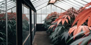 Greenhouse with mature cannabis plants, some with reddish leaves, serene atmosphere.
