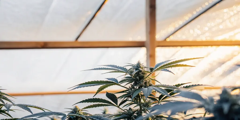 Close-up of a mature weed plant with buds in a sunlit greenhouse.
