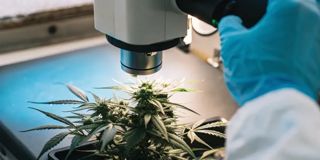 Close-up of a gloved hand using a microscope to examine a cannabis plant with prominent buds.