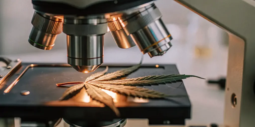Close-up of a cannabis leaf under a laboratory microscope, with shiny metallic parts and bright illumination.