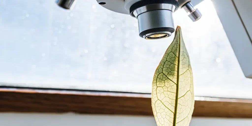 Close-up of a vibrant green leaf, backlit by a window, positioned under the lens of a microscope.