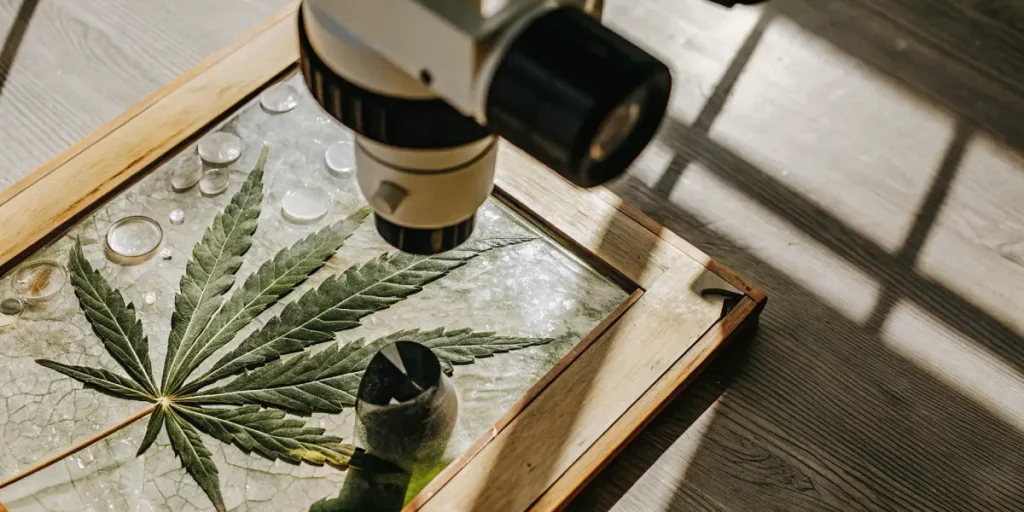 Microscope inspecting a cannabis leaf on a wooden frame with water drops.