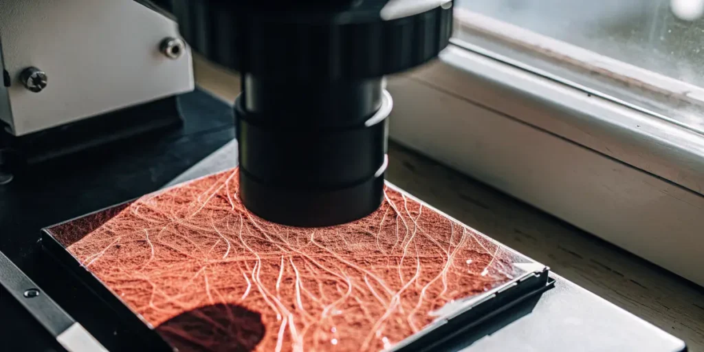 Close-up of a microscopic view of plant roots on a slide under a microscope, with a window in the background.