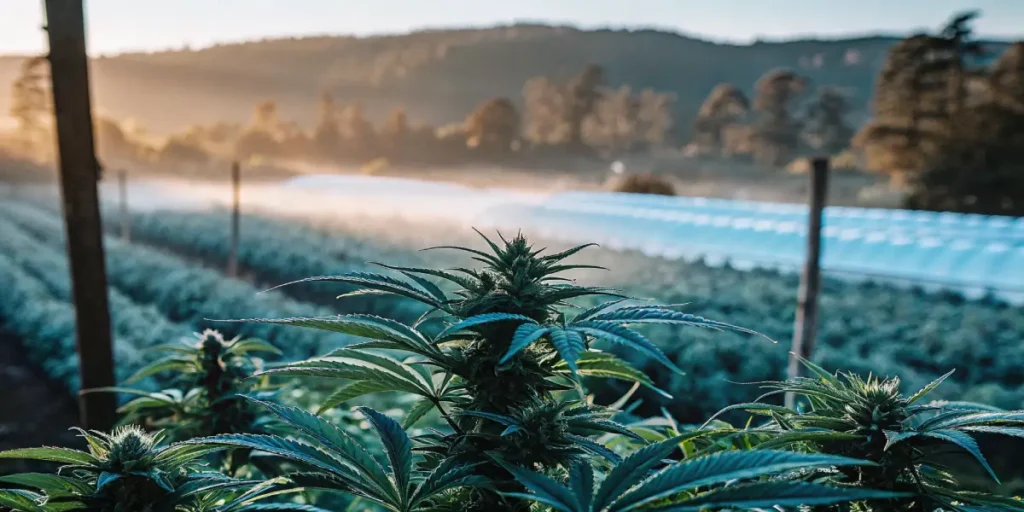 A lush outdoor cannabis farm at dawn, with dew glistening on plants and a gentle mist rising from the field, with mountains in the background.