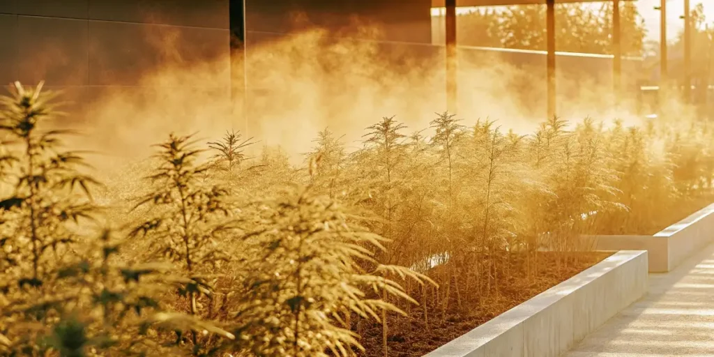 Wide-angle shot of an outdoor cannabis garden at golden hour, with mist and hazy light.