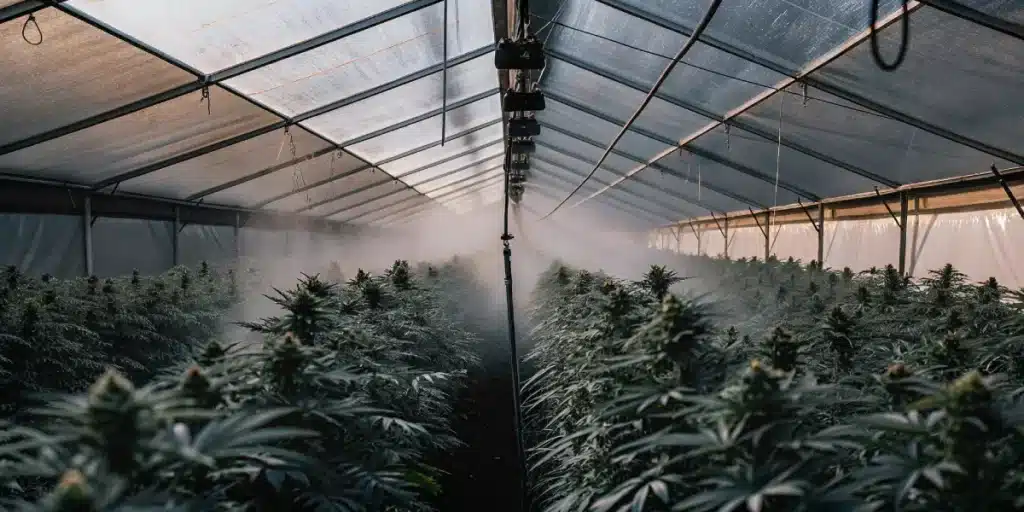 Wide-angle view of a lush greenhouse filled with rows of cannabis plants and mist from an overhead sprinkler system.