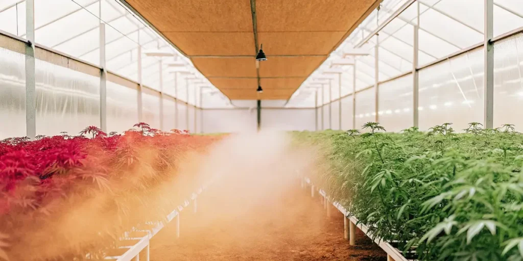 Wide-angle view of a lush greenhouse filled with rows of red and green cannabis plants in mist.