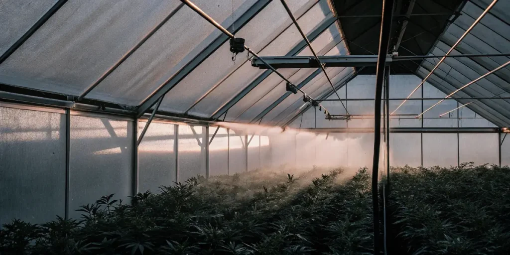 Wide-angle view of a greenhouse interior filled with rows of cannabis plants, being misted.