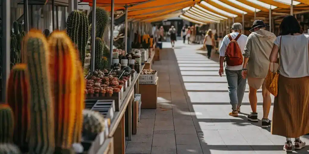 Wide-angle shot of a bustling open-air market with stalls of cactus and other plants, under orange and white striped awnings, with blurred people walking.