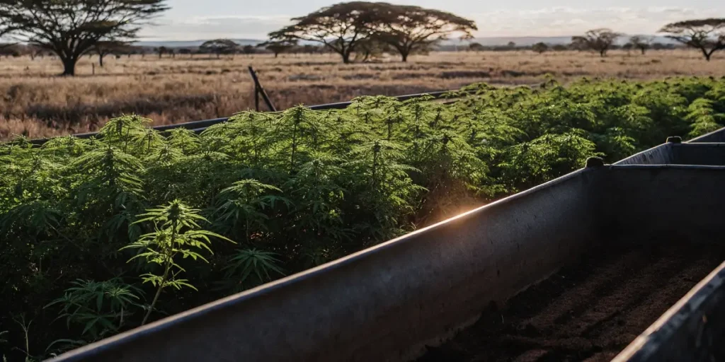Sprawling outdoor cannabis plantation with rows of plants in elevated beds and distant trees.