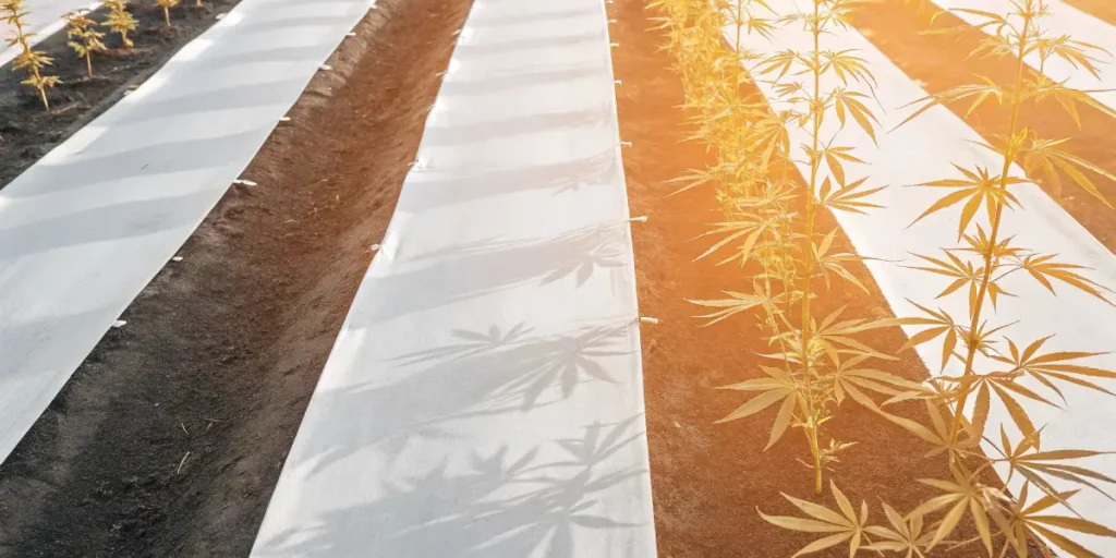Top-down view of a sunlit cannabis farm at dawn, showing rows of young plants with ground cover.