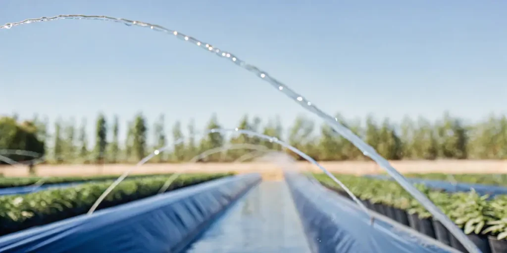 Wide-angle view of water jets from a drip irrigation system over plants in a field under a clear sky.