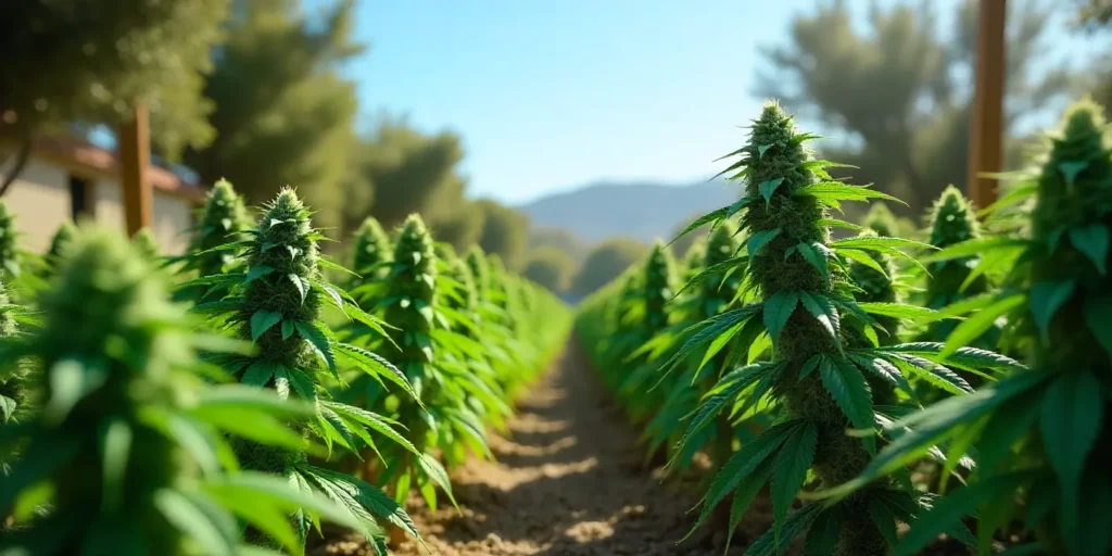 Mature Chemdog Diesel Auto plants thriving outdoors under full sun, showcasing dense buds, vibrant color, and strong indica-dominant structure.