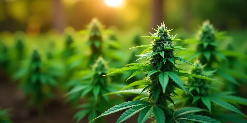 Outdoor grow of Cement Shoes Regular in full bloom under golden light, highlighting its indica traits and structure for open-field cultivation.
