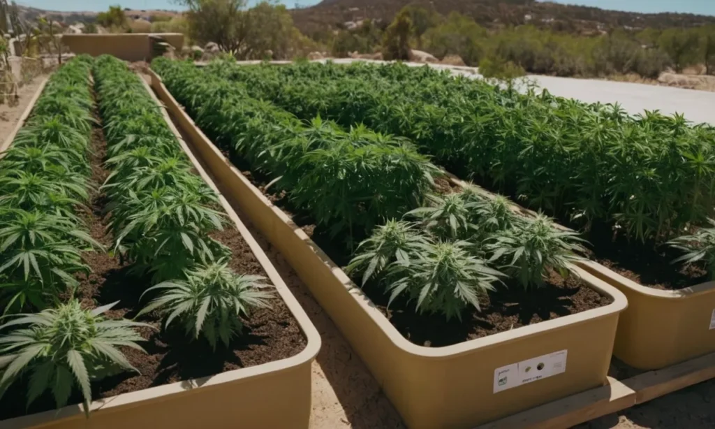 Grow Cinderella 99 x Tangilope cannabis plants growing in raised outdoor beds. This hybrid thrives under sunlight, showing vigorous development and broad foliage.