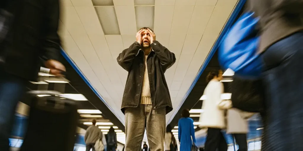 Man, hands on head, looking distressed amidst blurred, moving crowd in a busy airport.