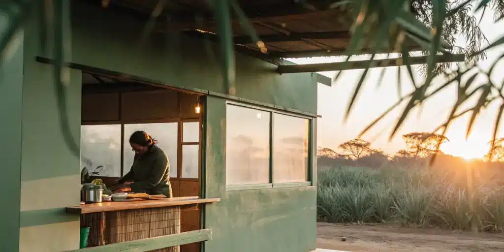 Person working at a small, sun-drenched stand with a large field of sugarcane and tall trees in the background, at dusk.