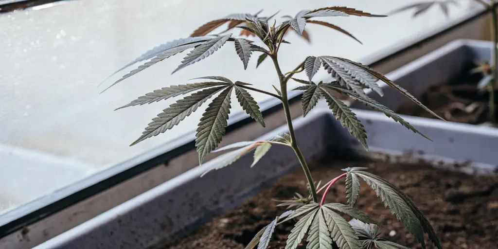 Close-up of a young cannabis seedling with dark green leaves and reddish stems in a grey pot.