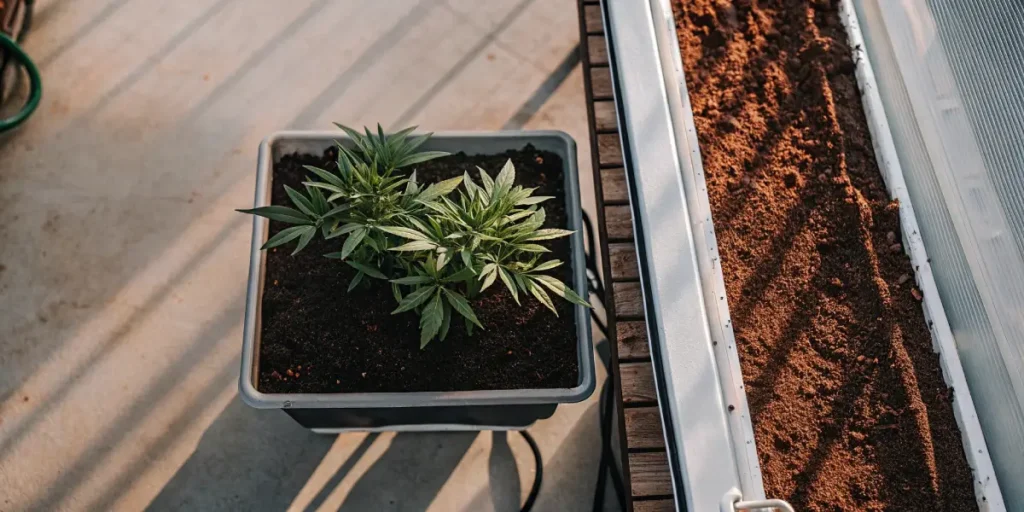 Top-down view: potted cannabis plant next to a raised bed filled with soil and a clear cover.