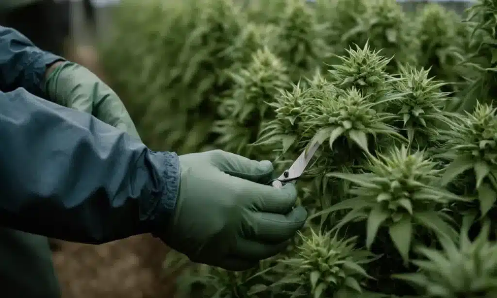 Expert grow Critical 2.0 setup with a cultivator pruning healthy flowering branches to enhance yield and improve light penetration.