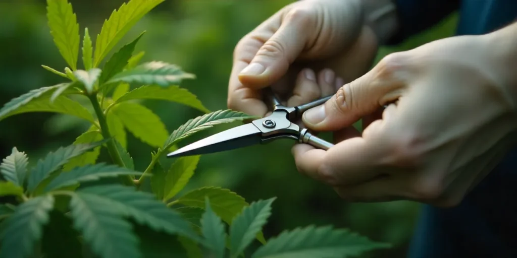 A cultivator trims excess foliage to boost airflow and light penetration while growing Chemdog Diesel Auto for optimal resin production and yield.