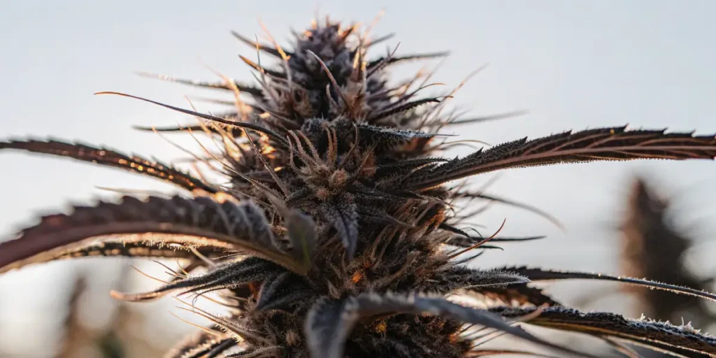 Close-up, hyper-realistic photograph of a dense cannabis bud with dark purple leaves and prominent pistils, backlit by a sunset.
