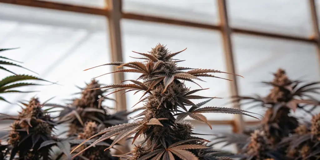Close-up of a flowering cannabis plant with dense, dark purple buds and leaves in a greenhouse setting.