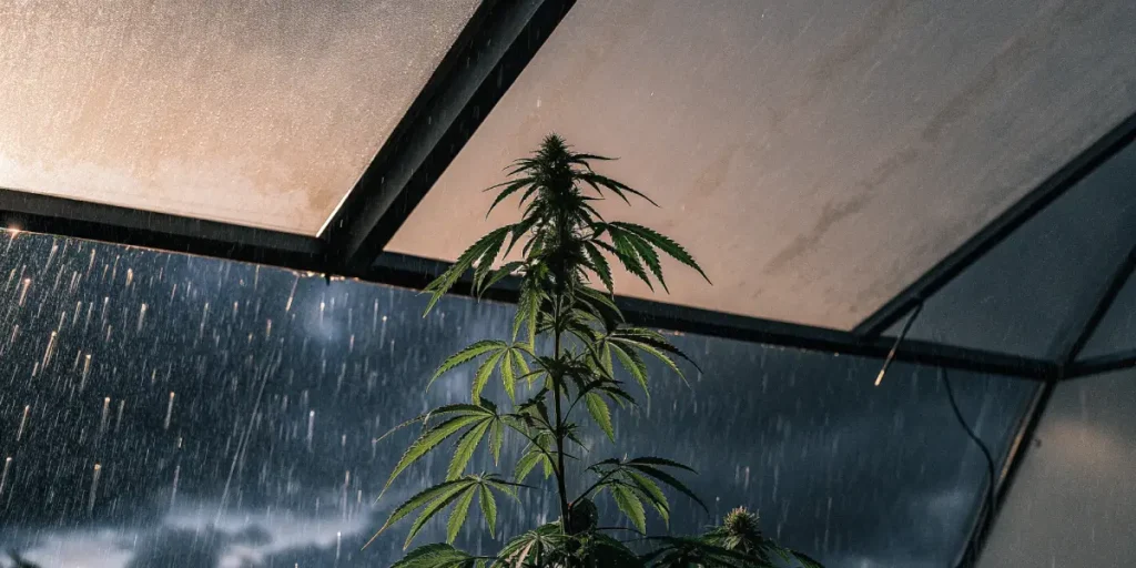 A high THC cannabis plant bending under heavy rain, seen through a greenhouse roof, suggesting an outdoor grow.