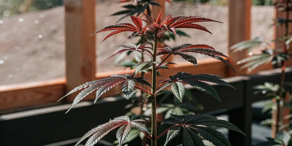 Close-up of a vibrant autoflower cannabis plant with red-tinged leaves and stem in a greenhouse.